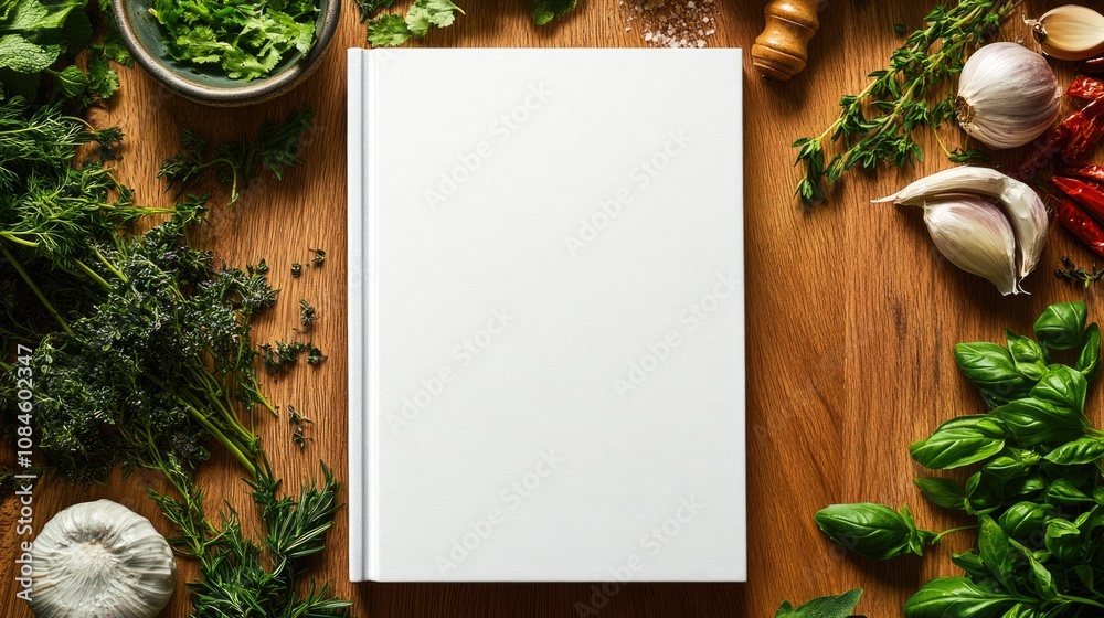 Poster A cookbook filled with recipes and surrounded by fresh herbs and spices for added flavor and aroma