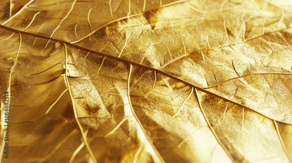 Poster a detailed shot of a single golden leaf on a table, perfect for adding a touch of luxury or nature t