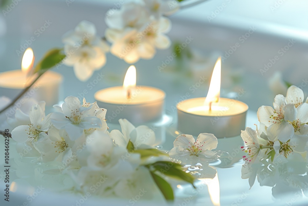 Poster a group of lit candles submerged in a bowl of water, creating a serene and peaceful atmosphere