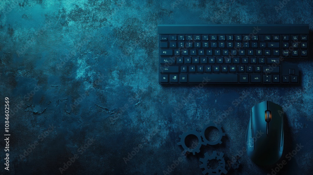 Poster a keyboard and mouse are displayed on a textured blue surface, featuring gears that symbolize tech d