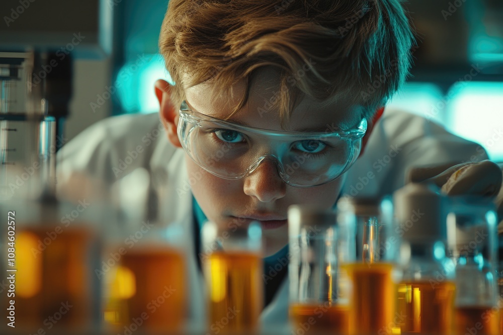 Poster A young scientist in a lab coat and goggles examining a row of test tubes
