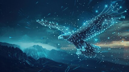 A digital eagle soaring above a mountain range, formed from a constellation of glowing blue lines and points against a dark blue sky.