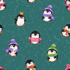 watercolor seamless pattern of penguin and dots