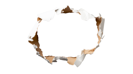 Circular torn paper hole with jagged edges on transparent background