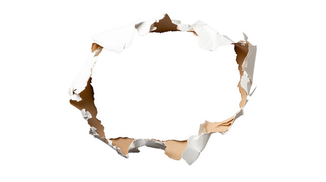Circular torn paper hole with jagged edges on transparent background