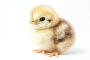 Obraz premium A small chicken sitting on a white surface, suitable for food or pet related uses