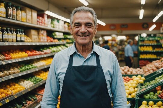 Close portrait of a smiling senior Colombian male grocer standing and looking at the camera, Colombian grocery store blurred background