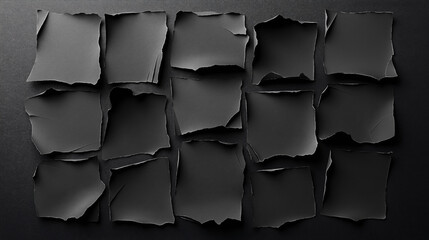 Abstract arrangement of sixteen torn black paper pieces on dark textured background, showcasing various sizes and shapes in a grid layout.