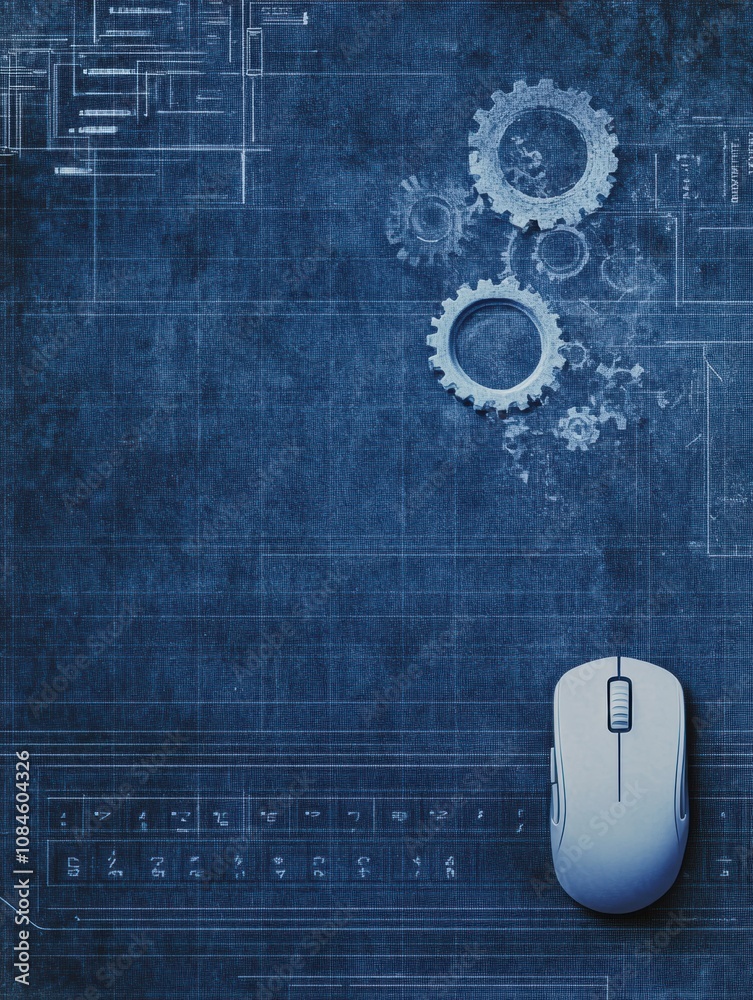 Poster A keyboard icon overlaps a computer mouse and gears, illustrating a tech-focused environment ideal for design and innovation tasks. Generative AI