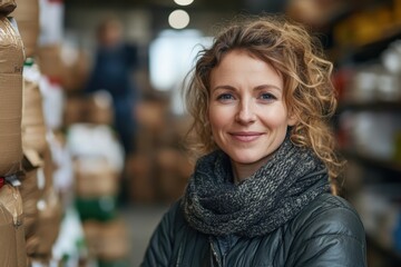 Smiling woman in a warehouse surrounded by stacked packages during the day