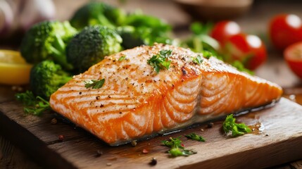 A close-up shot of a grilled salmon fillet on a wooden cutting board with broccoli and tomatoes in the background.
