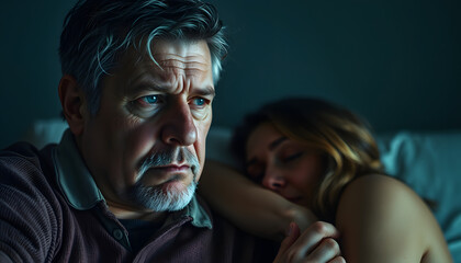 Obraz premium Sad mature man feeling guilty, thinking about cheating his wife, while his wife is snuggling to him isolated with white highlights, png