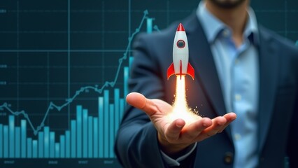 Businessman starting business growth with a rocket launch, driving startup success through strategic planning, and leadership to achieve target objectives