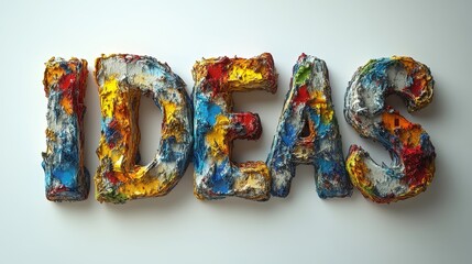 Colorful arrangement of the word ideas crafted from textured paint, showcasing creativity and artistic expression in a vibrant display