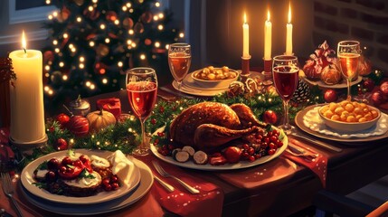 Fototapeta premium Christmas dinner table with festive food, and beautiful candle lights, photorealistic style.