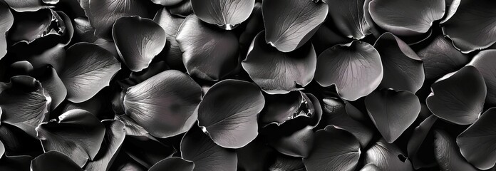 Fototapeta premium Elegant Black Rose Petals with Dew Drops Creating a Chaotic Yet Beautiful Floral Pattern Concept of Elegance, Nature's Beauty, Floral Art, and Delicate Textures. Banner. Copy space
