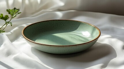 A serene green plate rests elegantly on soft white fabric, capturing natural light and creating a peaceful atmosphere in a cozy setting