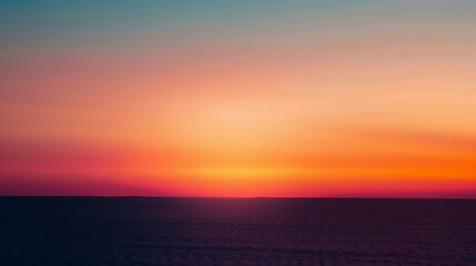 Naklejka premium Sunset over a vast desert plain with soft, gradient hues transitioning from warm orange and pink to cooler blue tones in the sky. Concept of solitude, tranquility, nature's beauty, and minimalism