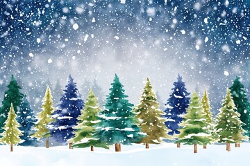 Obraz premium Joyful Winter Nature Landscape with Snowfall and Watercolor Trees