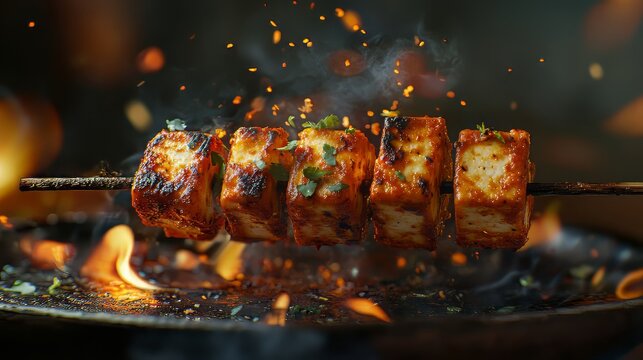 Grilled indian tandoori paneer tikka, food photography. indian food. Ultra realistic. Photorealistic hypermaximalist advertising photography hyper realistic fine detail
