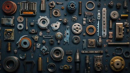 Fototapeta premium A flat lay of various metallic and steel parts, bolts, gears, screws, nuts, and washers arranged on a dark blue background.