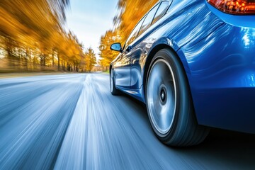 A blue car races along a tree-lined road in the autumn, capturing the essence of speed and nature