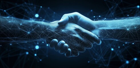 A digital handshake between two hands, symbolizing the idea of network collaboration and innovation in blockchain technology. data connection - Generative AI