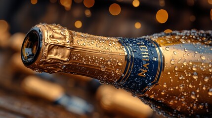 Refreshing bottle of champagne with droplets on a festive background