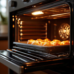 Modern oven with warm glow showcasing freshly baked lasagna creating a cozy kitchen environment