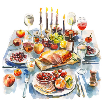 watercolor dinner table setting with food clip art preview