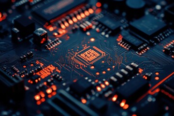 Obraz premium Close-up of a circuit board showcasing intricate electronic components lit by warm ambient light