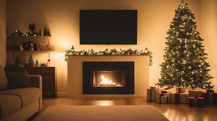 Cozy living room with fireplace and decorated christmas tree