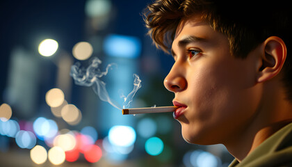 Fototapeta premium Closeup portrait of a teenage boy or young man at night with city lights in blurred background. A man smokes a cigarette or marijuana. Night life isolated with white highlights, png