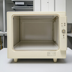 Obraz premium Retro microwave oven with a warm glowing light and classic design elements for nostalgic kitchen vibes