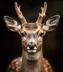 Deer portrait, showcasing the artistry of fabric and design in earthy tones. The image features a focus-stacked composition with a dark brown background, quilted blanket style.
