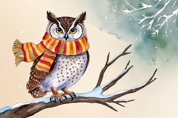 Obraz premium Winter Owl Watercolor Illustration Sitting on a Branch Wearing a Joyful Scarf