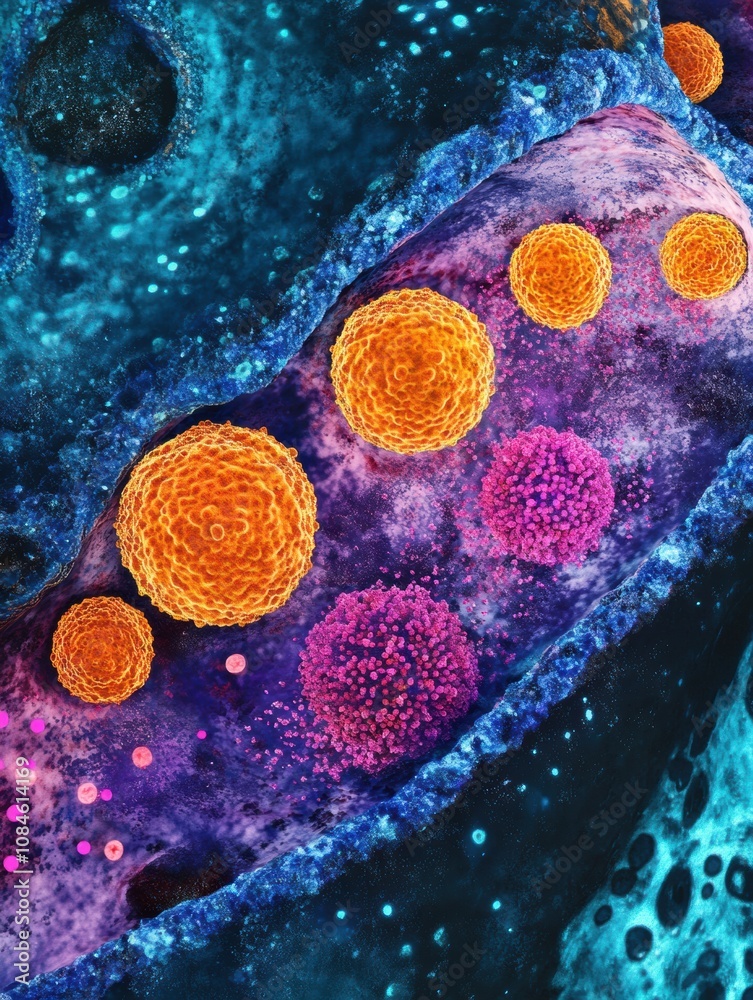 Fototapete a close-up exploration reveals dynamic cells and their structures, highlighting vivid colors and com