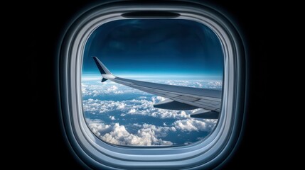 Fototapeta premium An airplane wing seen from the porthole of an airplane, overlooking a sea of clouds.