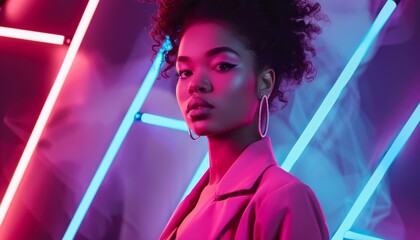 Chic black friday fashion display featuring model posing in neon lights urban setting high-contrast contemporary style