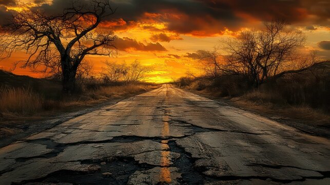 A long, cracked asphalt road stretches into a dramatic sunset, with bare trees lining the edges and hills in the distance. - Powered by Adobe