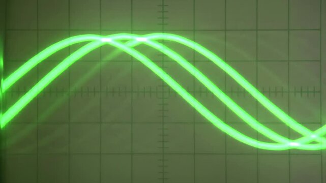 Fluctuations on the Screen. Analog oscilloscope screen with a green beam signal 