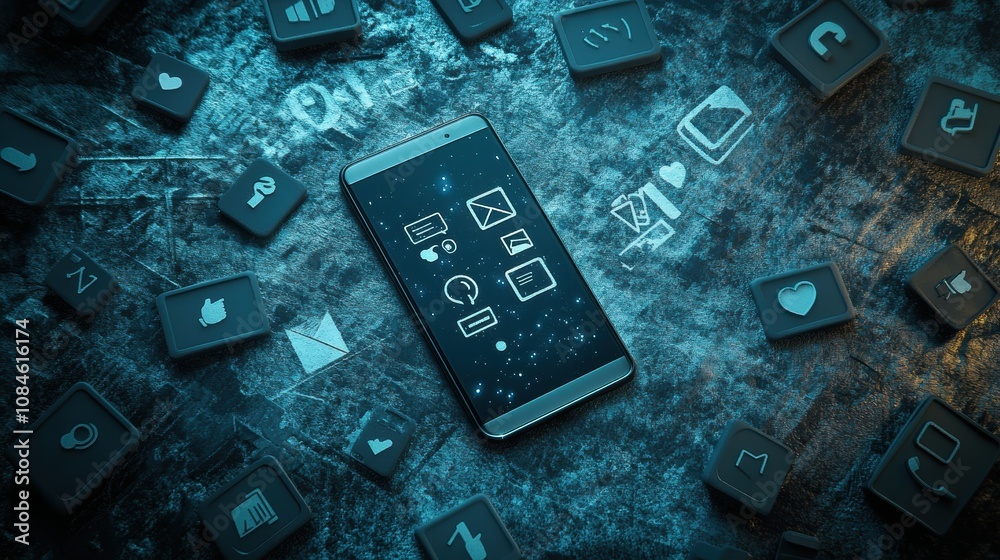 Fototapete A smartphone rests on a textured surface, surrounded by various popup icons symbolizing notifications, likes, and messages in a digital landscape. Generative AI