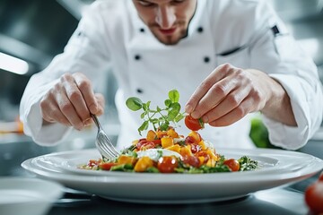 Close-up of a chef preparing a gourmet dish with precision and finesse