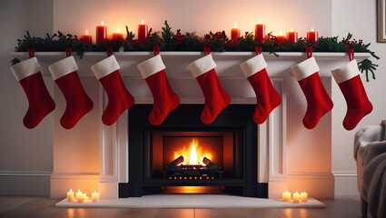 Cozy Christmas fireplace with stockings, candles, and garland.