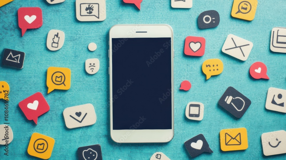 Fototapete A smartphone sits on a bright surface, surrounded by various notification icons representing likes, comments, and messages. Generative AI