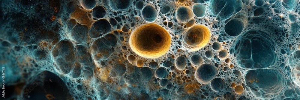 Fototapete Cells and structures are observed at a microscopic level, showcasing complex shapes and textures illuminated with vivid colors. Generative AI