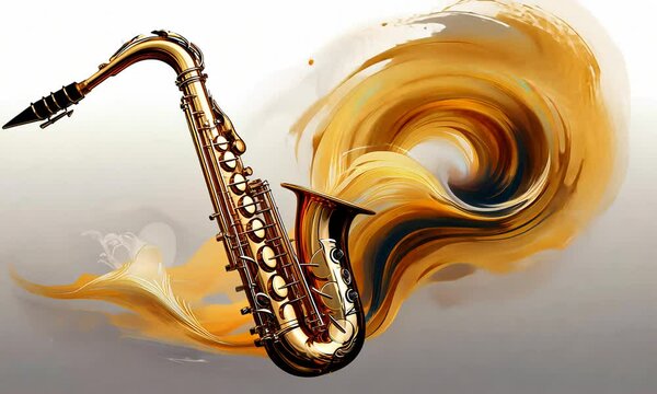 Saxophone with a wave coming from the sound of music. A musical instrument that produces sound.