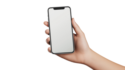 Hand holding a white smartphone, blank screen, isolated on transparent background
