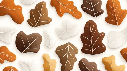 Pattern of decorative autumn leaves in brown, orange, and white shades on a light background, featuring various shapes and textures.