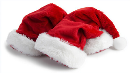 Two red Santa hats with white fur trim, one with a pom-pom..